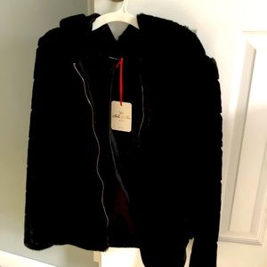 Hooded faux fur jacket. Made in Italy. New